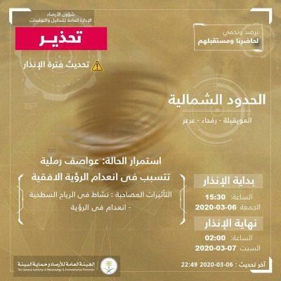 “الأرصاد” تحذر الشمالية من عواصف رملية.. وتنبه الجوف بأتربة وشبه انعدام للرؤية