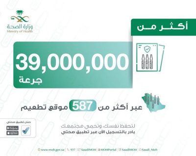 “الصحة”: تم إعطاء 39 مليون جرعة لقاح حتى الآن عبر أكثر من 587 موقع للتطعيم