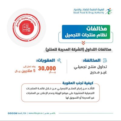 “الغذاء والدواء”: تداول منتج تجميلي غير مدرج يعرّض لعقوبة 5 ملايين ريال