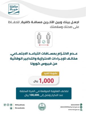 “الداخلية” تذكّر بعقوبات عدم الالتزام بالتباعد: ألف ريال وقد تصل لـ100