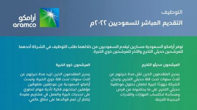التقديم لشركة أرامكو السعودية (لحديثي التخرج) أو (ذوي الخبرة)، من حملة (البكالوريوس فأعلى، الدبلوم، الثانوية)،