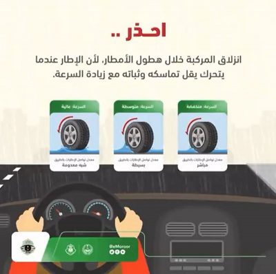 “المرور” يُحَذّر من مخاطر انزلاق المركبات خلال هطول الأمطار