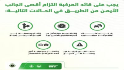 “المرور” يحدد الحالات التي تُلزم قائد المركبة بأقصى الجانب الأيمن من الطريق