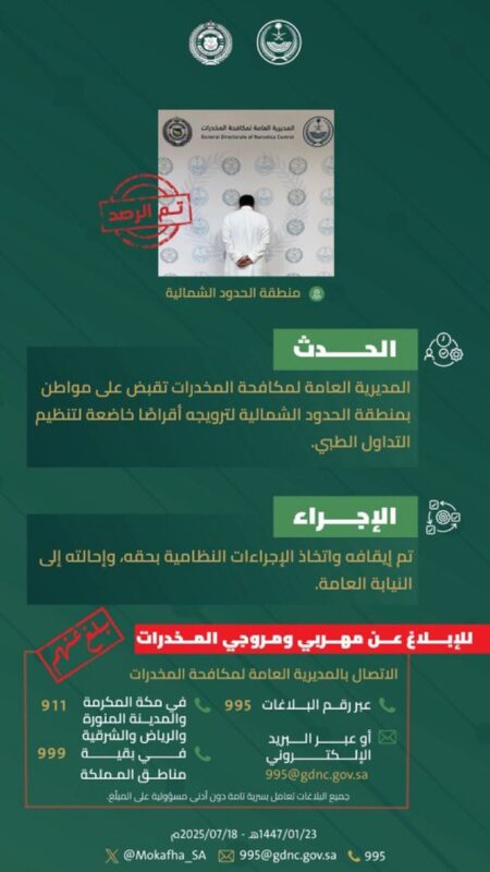 مكافحة المخدرات تقبض على شخص بمنطقة الحدود الشمالية لترويجه أقراصًا خاضعة لتنظيم التداول الطبي