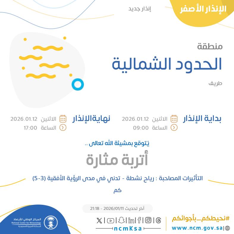 المركز الوطني للأرصاد: أتربة مثارة على محافظة طريف