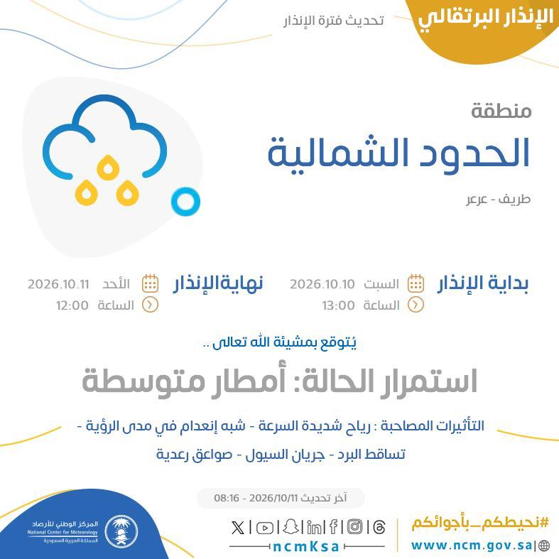 إنذار برتقالي.. هطول أمطار متوسطة على طريف وعرعر يصاحبها رياح شديدة السرعة