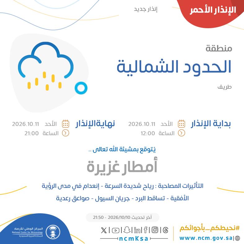 إنذار أحمر من الأرصاد .. أمطار غزيرة على طريف غدًا الأحد